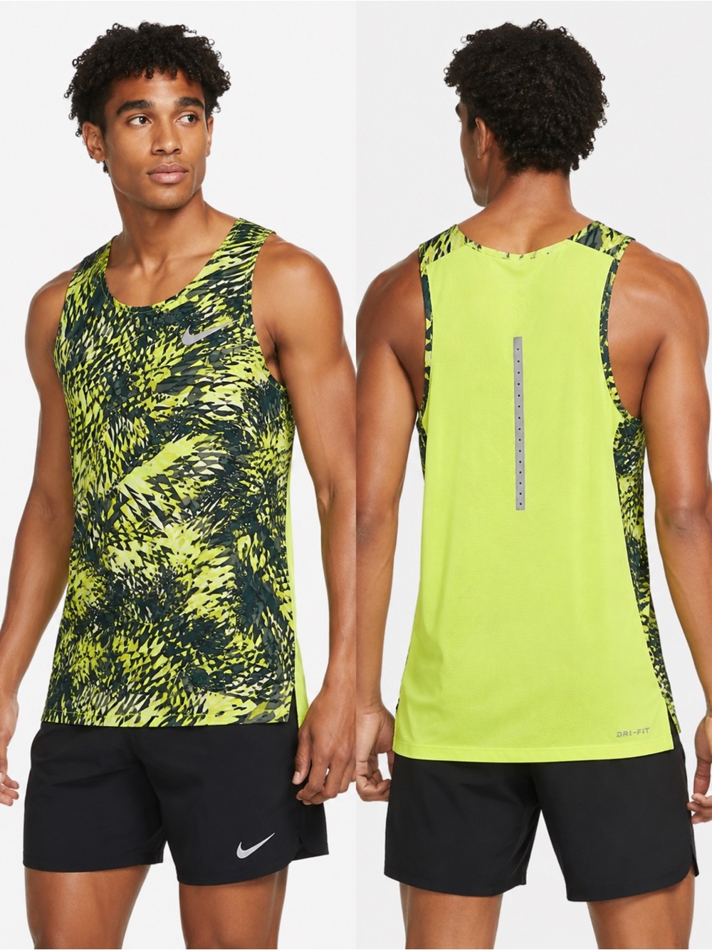 Nike Men’s Dri-FIT Running Tank Top Singlet Geometric Volt Green - Size M